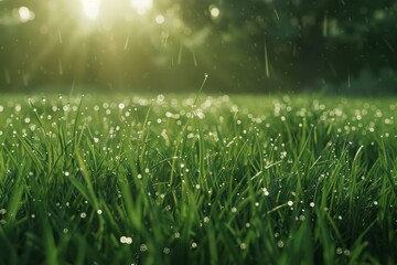 A field of grass is wet from rain and the sun is shining through the trees