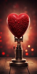 Glowing red heart-shaped ornament on a stand