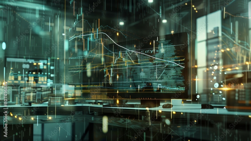 Poster a computer monitor displays a graph of a stock market