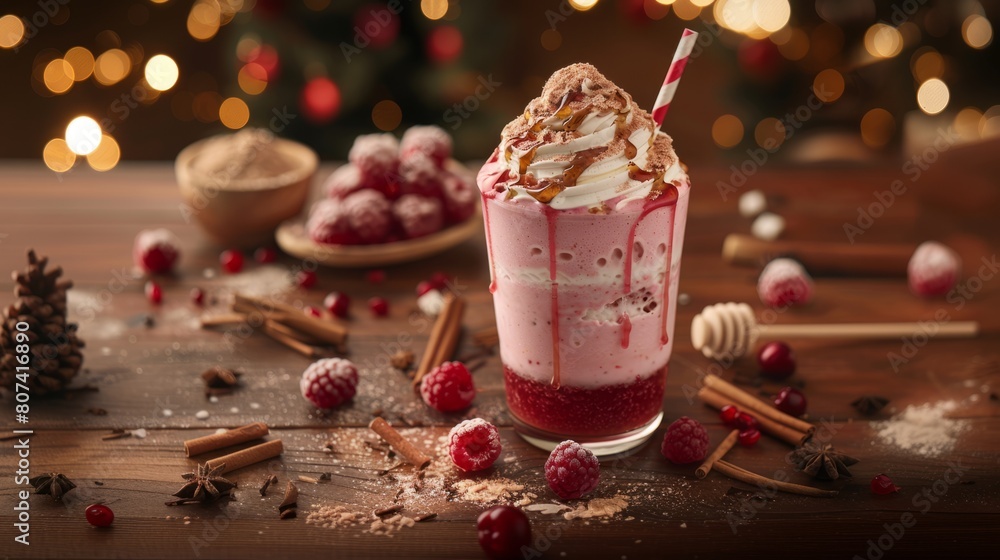 Wall mural gourmet milkshakes, tasty raspberry milkshake topped with honey and a sprinkle of cinnamon, perfect for a delightful afternoon treat