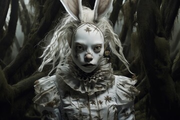 creepy clown doll in dark forest