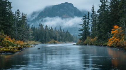 Serene misty river landscape in autumn