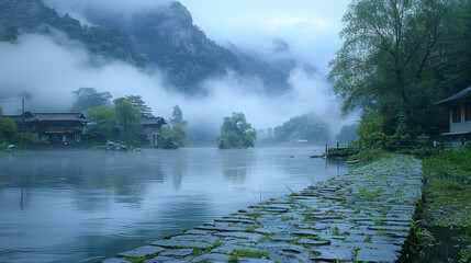 Misty river morning in mountainous rural landscape