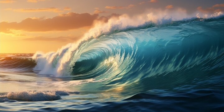 Powerful ocean wave crashing at sunset