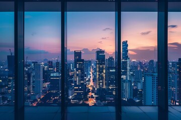 Include a vibrant city skyline outside the window, symbolizing the entrepreneurs aspiration to reach new heights, Magazine Photography Style