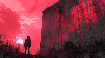 Silhouette of a lone person standing against a vivid red apocalyptic sky in a ruined cityscape. Apocalyptic survivor observing red sky