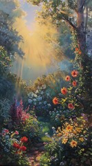 A painting of a garden with a sun shining through the trees