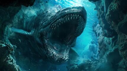 giant leviathan sea monster with open mouth under the sea in high resolution