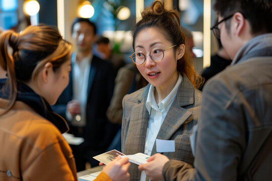 Asian woman in a stylish gray blazer and round glasses engages in a lively conversation with colleagues at a networking event. 