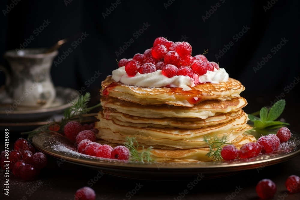 Wall mural Delicious stack of pancakes with fresh raspberries and whipped cream - Wall murals