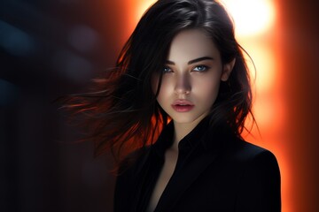 Intense gaze of a mysterious woman with flowing dark hair