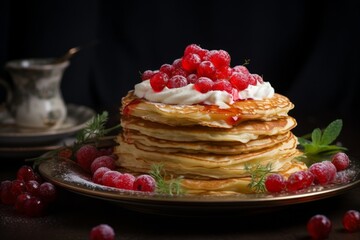 Delicious stack of pancakes with fresh raspberries and whipped cream