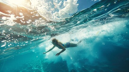 A woman is swimming in the ocean, enjoying the cool water and the refreshing waves on a sunny day.