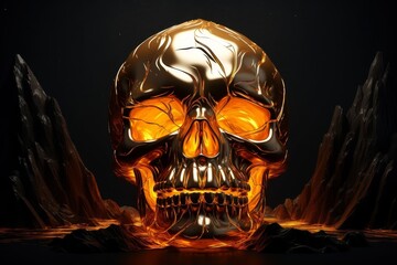 Fiery skull in a dark, dramatic landscape