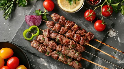 Shish kebab from Raw mince lamb and beef meat, turkish adana kebab. Gray background. Top view
