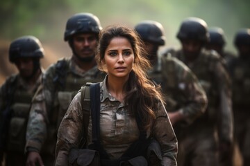 Determined female soldier leading a military squad