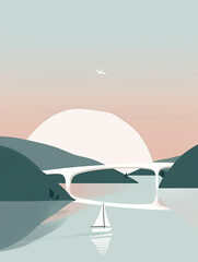 Fototapeta premium Illustration of boat on lake with a bridge.