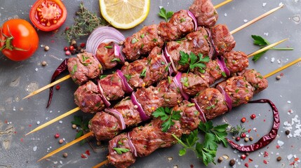 Shish kebab from Raw mince lamb and beef meat, turkish adana kebab. Gray background. Top view