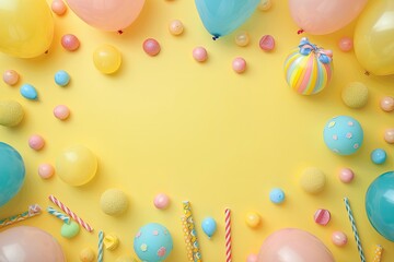 Festive Birthday Celebration: Top View Frame of Balloons and Party Decorations on Pastel Yellow Background