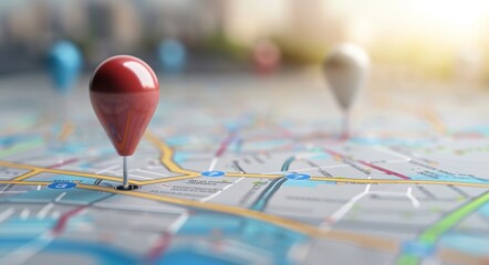 3D map with pins, location search concept on white background.