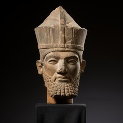 ancient stone sculpture of a bearded man with a crown