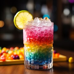 Fototapeta premium Colorful layered cocktail with ice and lemon slice