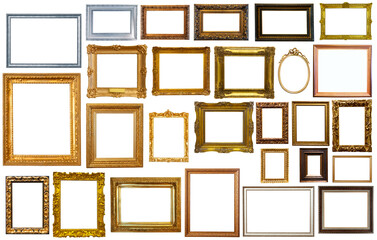 collection of isolated old fashioned empty art frames in different shapes