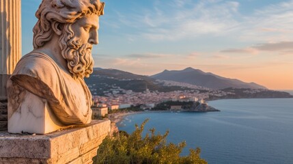 Obraz premium ancient statue overlooking scenic coastal city at sunset