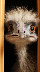 Curious ostrich peeking through doorway