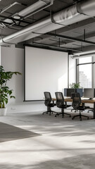 office room, large wall poster, white walls, flat ceiling in grey