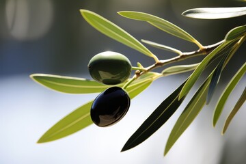 close-up of green olives on a branch