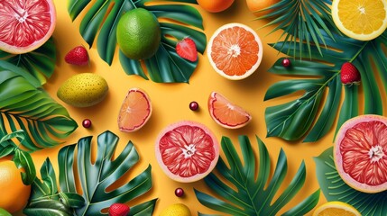 tropical summer design, vibrant palm leaves and tropical fruits design on pop art backdrop, ideal...