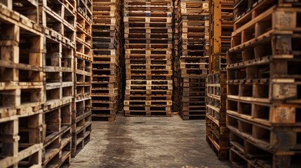 Many empty wooden pallets stacked in the warehouse