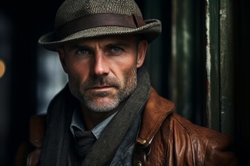 Obraz premium Rugged man in hat and leather jacket