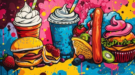 food pop art illustrations, vibrant pop art food graphics like hot dogs, cupcakes, and smoothies are ideal for a food festival banner