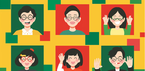 A set of smiling people in business on a red and yellow background with green square shapes