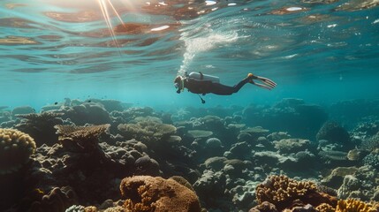 A person is swimming in the water near a colorful coral reef. The vibrant reef is teeming with marine life as the swimmer explores the underwater world.