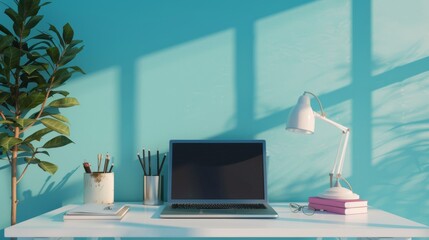 3D render of laptop on white desk with books, pencil and lamp over blue wall background.