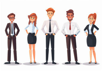A set of business people, men and women in different positions standing together on a white background in the style of a vector illustration cartoon.