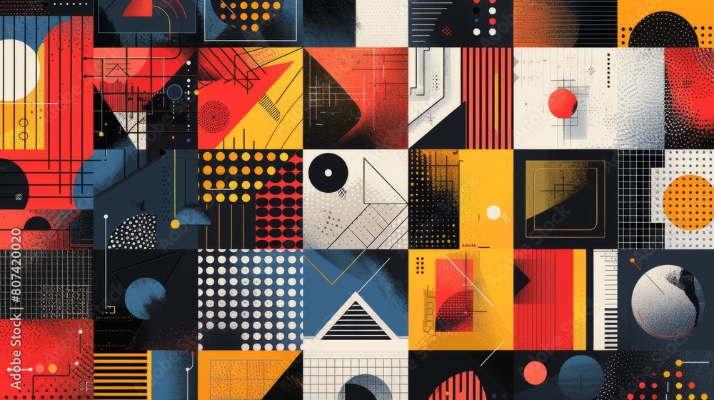 Poster abstract graphic elements, utilize bold geometric shapes, halftone patterns, and vibrant color-block