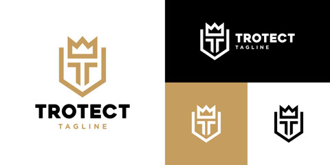 Vector design template of the initial T combined with a shield and crown logo. Security, kingdom, justice. EPS 10 icon symbol