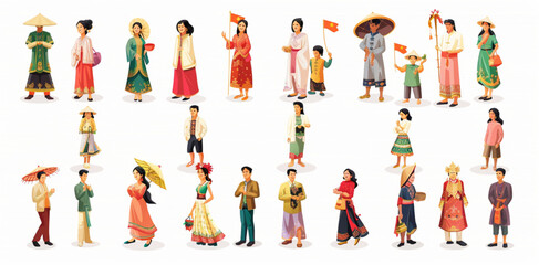 A set of different Asian people in national , men and women standing next to each other, full body illustrations, white background