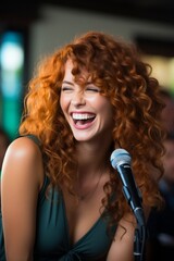 Fototapeta premium Joyful woman with curly red hair singing into microphone