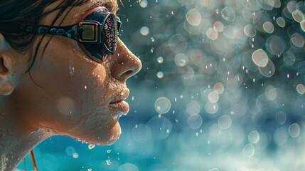 female swimmer in profile with Olympic pool goggles with drops falling in high resolution and high quality