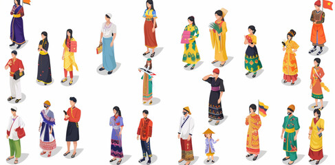 A set of different Asian people in national , men and women standing next to each other, full body illustrations, white background