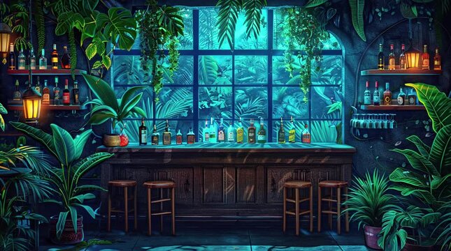 Mini bar table, chair, and window with tropical plant. Cozy corner for relaxation and tropical vibes.
Seamless looping 4k time-lapse virtual video animation background. Generated AI