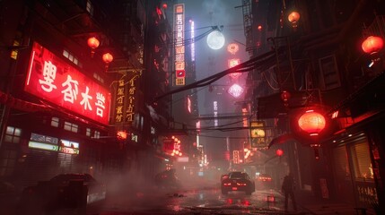 Metaverse Cyberpunk Style City With Robots Walking On Street, Neon Lighting On Building Exteriors, Flying Cars And Drones, aesthetic look