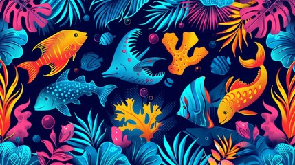tropical pop art illustration, vibrant pop art background with neon colors and sea creature illustrations great for a playful invitation design with a tropical feel