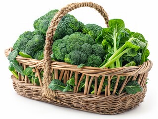 basket of fresh broccoli isolated white background