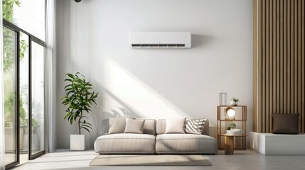 Modern air conditioner on white wall in bedroom with stylish gray sofa - Powered by Adobe
